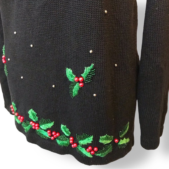 Studio Collection Vtg Embroidered Ugly Christmas Sweater Black Holly Sz M - Picture 7 of 10